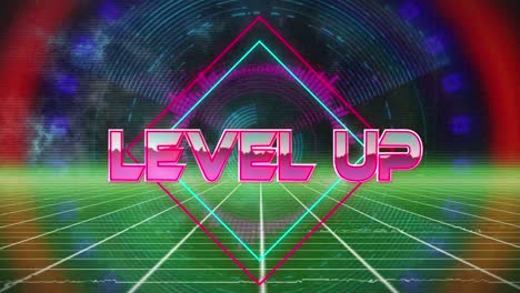 Animation-of-level-up-text-over-neon-metaverse-background