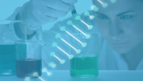 Animation-Eines-DNA-Strangs-über-Einer-Kaukasischen-Wissenschaftlerin-Im-Labor