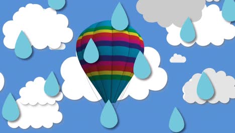 Animation-Von-Regentropfen-über-Einem-Regenbogenfarbenen-Ballon-über-Wolken-Auf-Blauem-Hintergrund