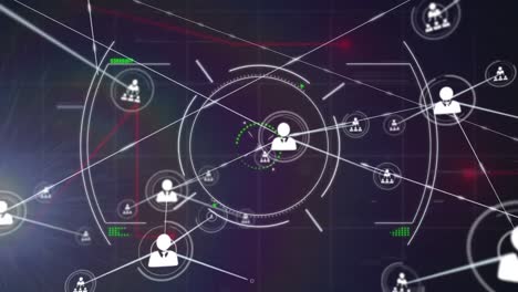 Animation-Des-Scope-Scannens-über-Ein-Netzwerk-Aus-Profilsymbolen-Und-Rotlichtspuren-Auf-Blauem-Hintergrund