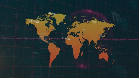 Animation-of-data-processing-over-world-map-and-dark-background