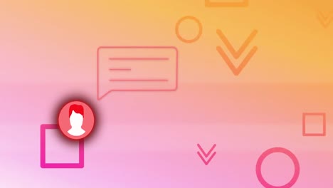 Animation-of-social-media-message-and-chat-icon-with-abstract-shapes-on-pink-background