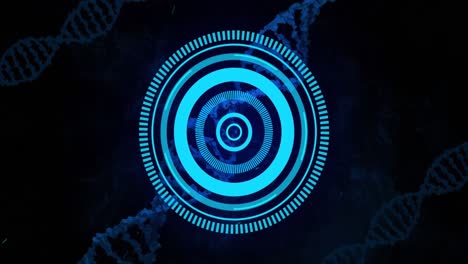 Animation-of-neon-round-scanner-and-dna-structures-against-black-background