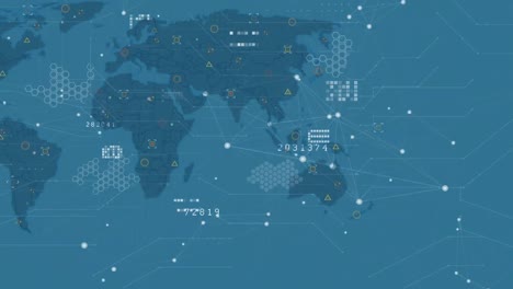 Animación-De-La-Red-De-Conexiones-Sobre-El-Mapa-Mundial-Sobre-Fondo-Azul