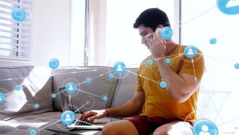 Animation-of-network-of-connections-over-asian-man-using-smartphone