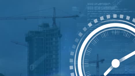 Animation-of-ticking-clock-icon-and-data-processing-against-aerial-view-of-construction-site