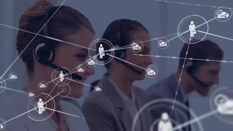 Animation-of-network-of-digital-icons-over-caucasian-woman-talking-on-phone-headset-at-office