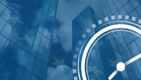 Animation-of-ticking-clock-icon-over-low-angle-of-tall-buildings-against-waving-eu-flag