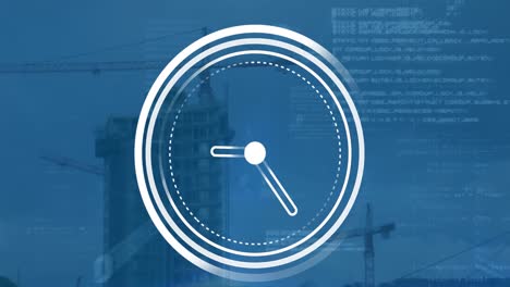 Animation-of-ticking-clock-icon-and-data-processing-against-aerial-view-of-construction-site