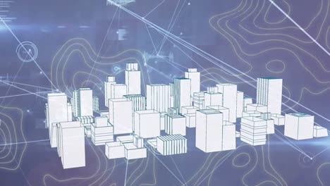Animation-Des-Netzwerks-Von-Verbindungen-über-Dem-3D-Modell-Der-Stadt