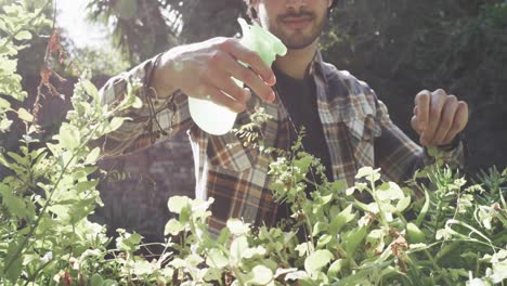 Midsection-of-caucasian-man-watering-plants-in-sunny-garden,-slow-motion