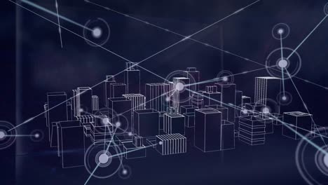 Animation-Eines-Netzwerks-Von-Verbindungen-über-Einem-3D-Stadtbild