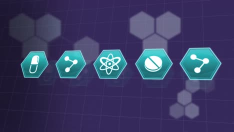 Animation-of-medicine-icons-over-grid-on-purple-background