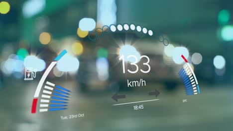 Animation-of-electric-car-speedometer-data-processing-over-city