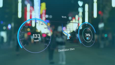 Animation-of-electric-car-speedometer-data-processing-over-city