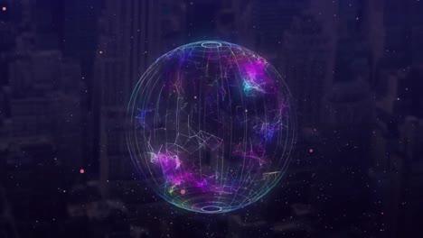 Animation-of-white-spots-and-spinning-globe-against-aerial-view-of-cityscape