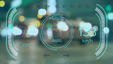 Animation-of-electric-car-speedometer-data-processing-over-city-streets