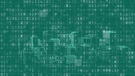 Animation-of-binary-coding-data-processing-over-cityscape-on-green-background