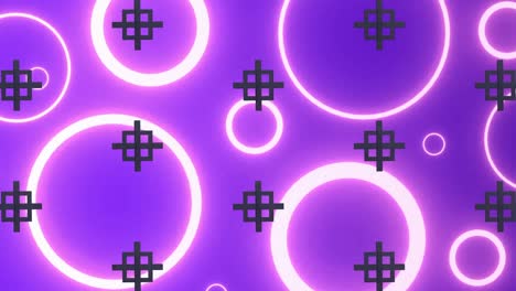 Animation-of-black-shapes-repeated-over-neon-circles-on-blue-background