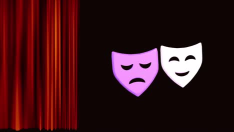 Animation-Eines-Roten-Vorhangs-Und-Trauriger-Und-Glücklicher-Masken-Auf-Schwarzem-Hintergrund