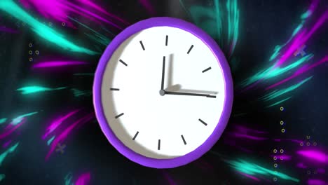 Animation-of-clock-moving-and-purple-trails-on-black-background