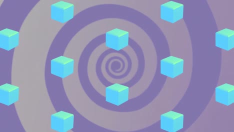 Animation-of-blue-cubes-repeated-over-purple-spiral-on-beige-background