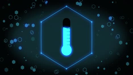 Animation-of-thermometer-icon-over-hexagons-on-black-background