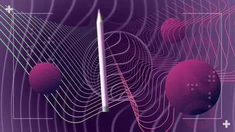 Animation-of-pencil-moving-and-shapes-on-purple-background