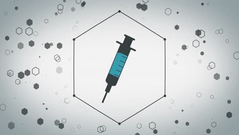Animation-of-syringe-icon-over-hexagons-on-white-background