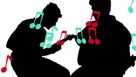 Animation-of-notes-moving-over-silhouette-of-men-playing-guitar