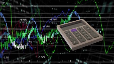 Animation-of-calculator-moving-and-data-processing-over-stock-market-on-black-background