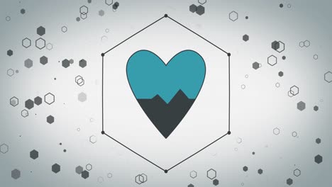 Animation-of-heart-with-cardiograph-icon-over-hexagons-on-white-background