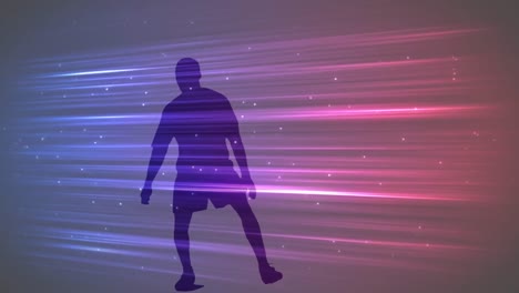 Animation-of-colourful-light-trails-over-silhouette-of-male-football-player-on-grey-background