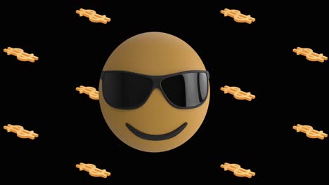 Animation-of-emoji-sunglasses-icon-over-american-dollar-signs-on-black-background