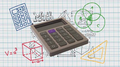 Animation-of-calculator-moving-and-math-drawings-on-white-background