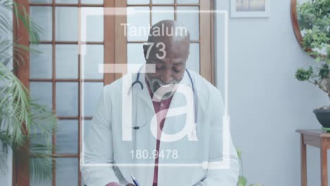 Animation-of-elements-symbols-over-african-american-male-doctor-having-video-call