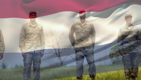 Animation-Der-Flagge-Der-Niederlande-über-Verschiedene-Soldaten