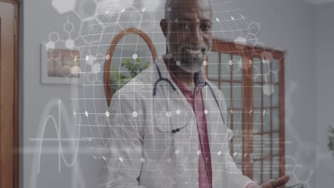 Animation-of-data-processing-and-chemical-formula-over-happy-african-american-male-doctor