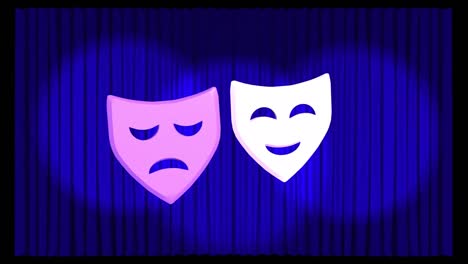 Animation-of-sad-and-happy-masks-moving-over-blue-curtain