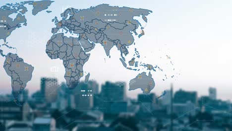 Animation-Der-Weltkarte-Und-Datenverarbeitung-über-Dem-Stadtbild