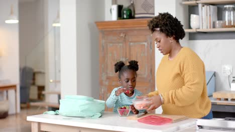 African-american-mother-and-daughter-packing-lunch-in-kitchen,-slow-motion