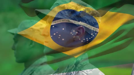 Animation-of-flag-of-brazil-over-diverse-soldiers