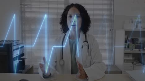 Animation-of-cardiograph-over-happy-biracial-female-doctor-having-video-call