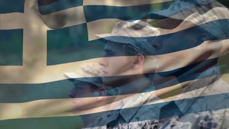Animation-Der-Flagge-Griechenlands-über-Verschiedenen-Soldaten