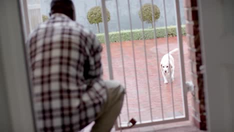 African-american-man-standing-in-door-greeting-his-pet-dog-at-home,-slow-motion