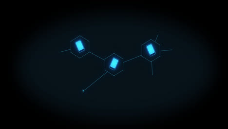 Animation-of-growing-network-of-blue-smartphone-icons-on-black-background