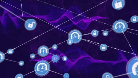 Animation-of-network-of-digital-icons-over-purple-digital-waves-against-black-background