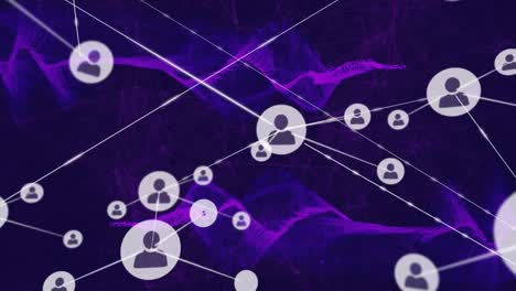 Animation-Eines-Netzwerks-Von-Profilsymbolen-über-Violetten-Digitalen-Wellen-Vor-Schwarzem-Hintergrund