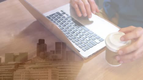 Animation-of-caucasian-businessman-with-laptop-over-cityscape