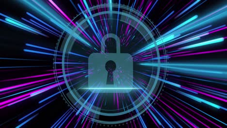 Animation-of-padlock-icon-over-pink-and-blue-neon-light-trails